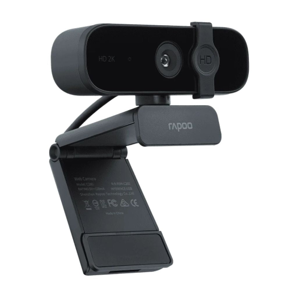 Black webcam with a flexible arm on a white background, featuring the Rapoo brand.
