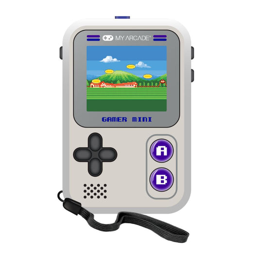 Handheld gaming console with screen displaying a game, on a white background