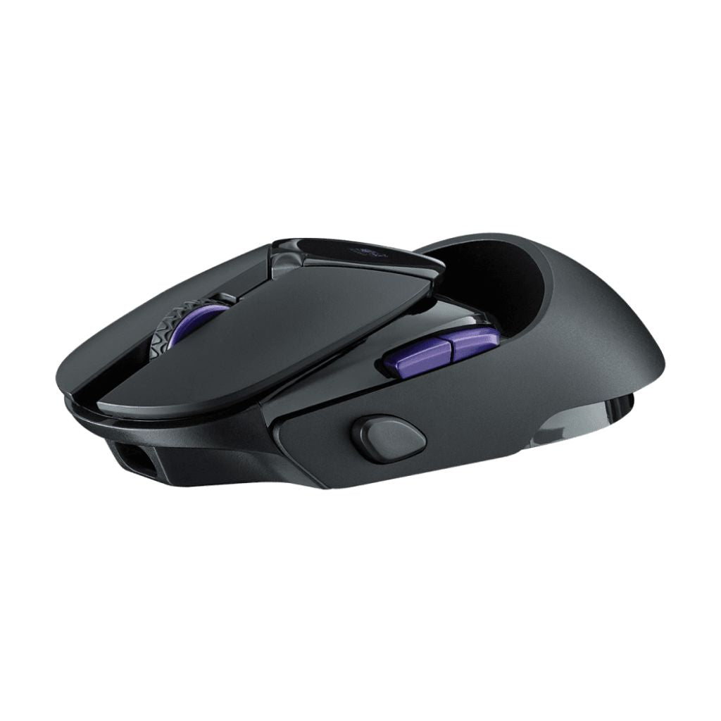 Black gaming mouse with purple accents on a white background