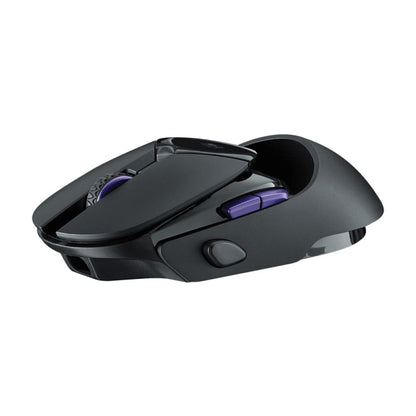 Black gaming mouse with purple accents on a white background
