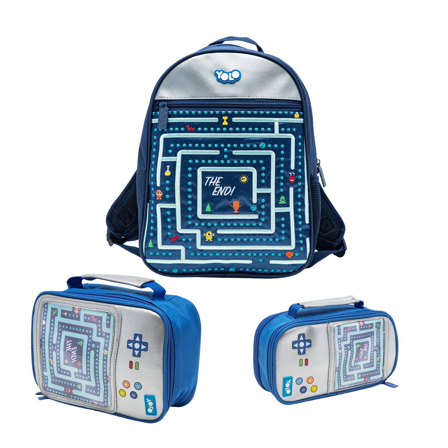 Backpack and lunch box set with video game design on a white background