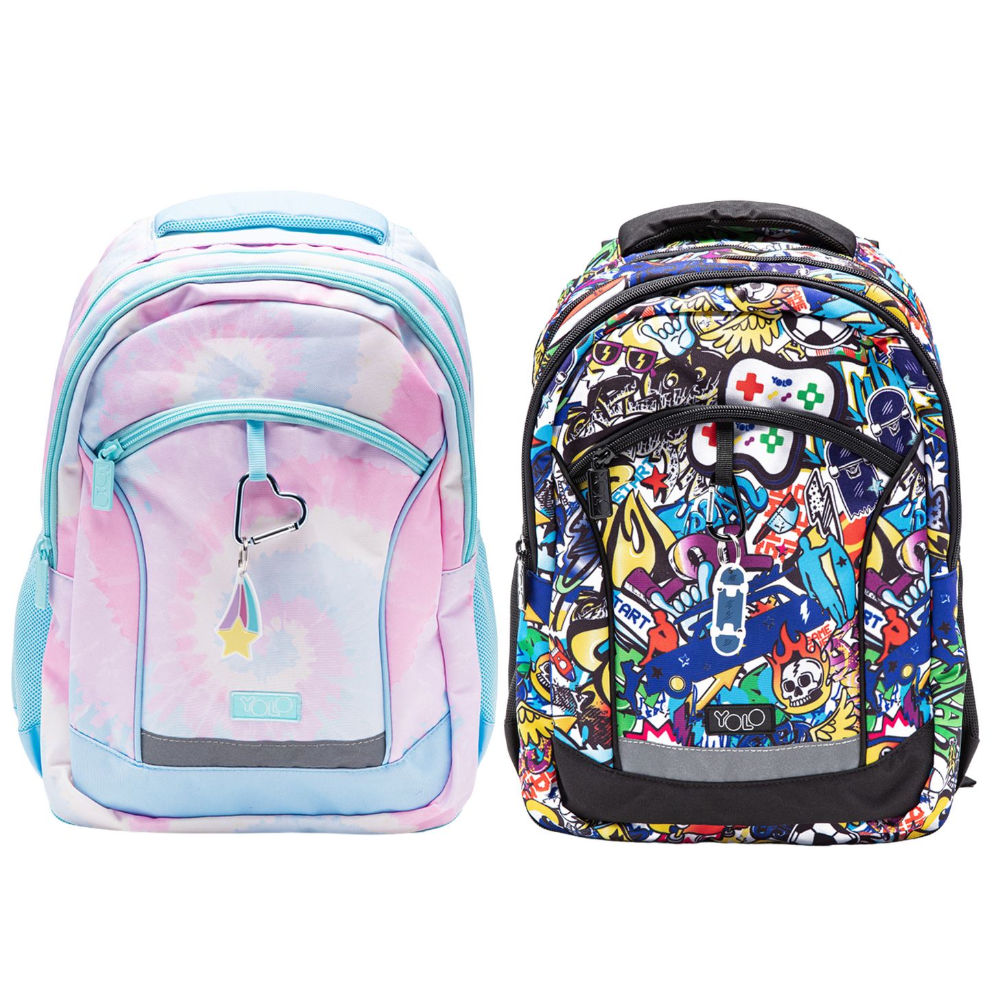 Two backpacks, one with a tie-dye design and the other with a colorful graphic design, on a white background.