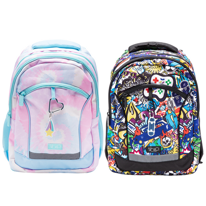 Two backpacks, one with a tie-dye design and the other with a colorful graphic design, on a white background.