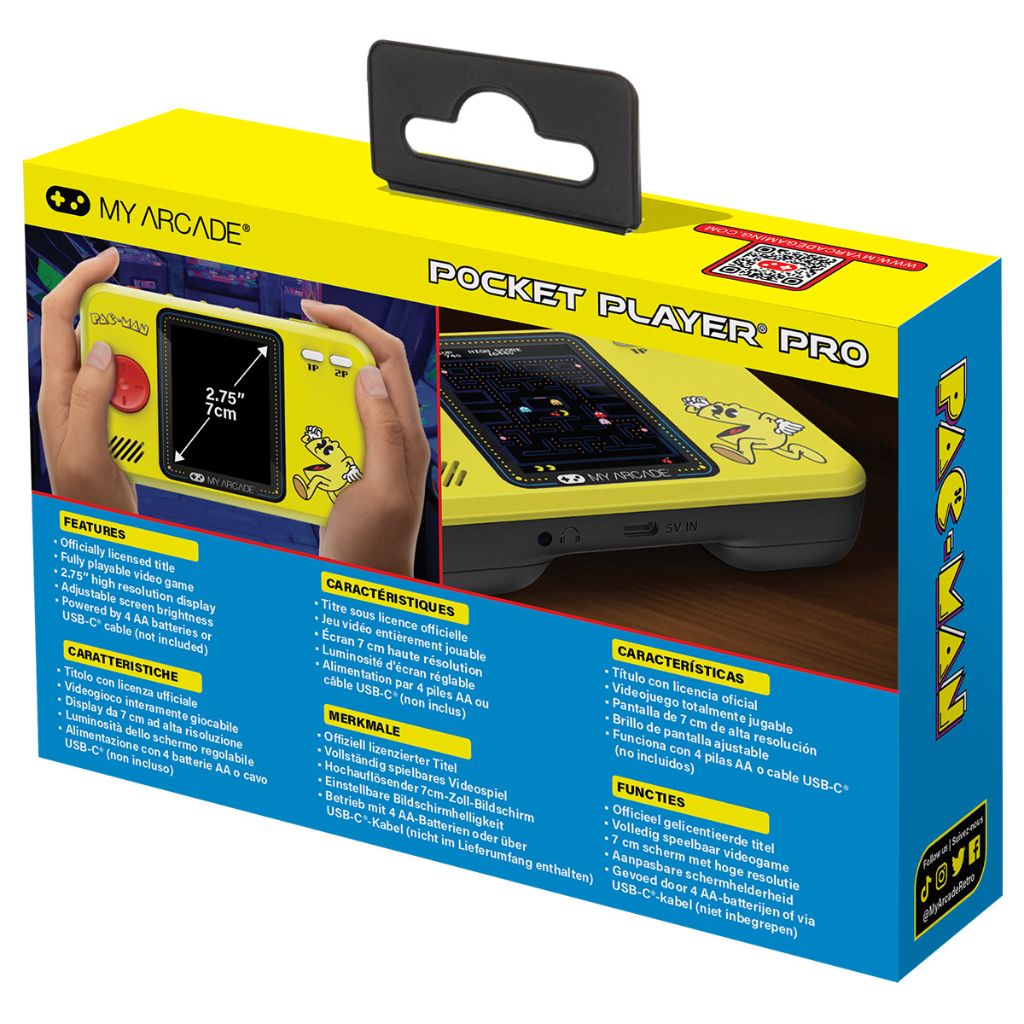 Box packaging of a 'Pocket Player Pro' with a yellow handheld device on a white background
