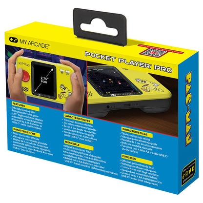 Box packaging of a 'Pocket Player Pro' with a yellow handheld device on a white background