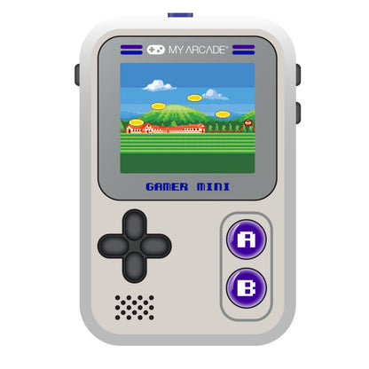 Handheld gaming console with screen displaying a classic game, branded 'My Arcade Gamer Mini'.