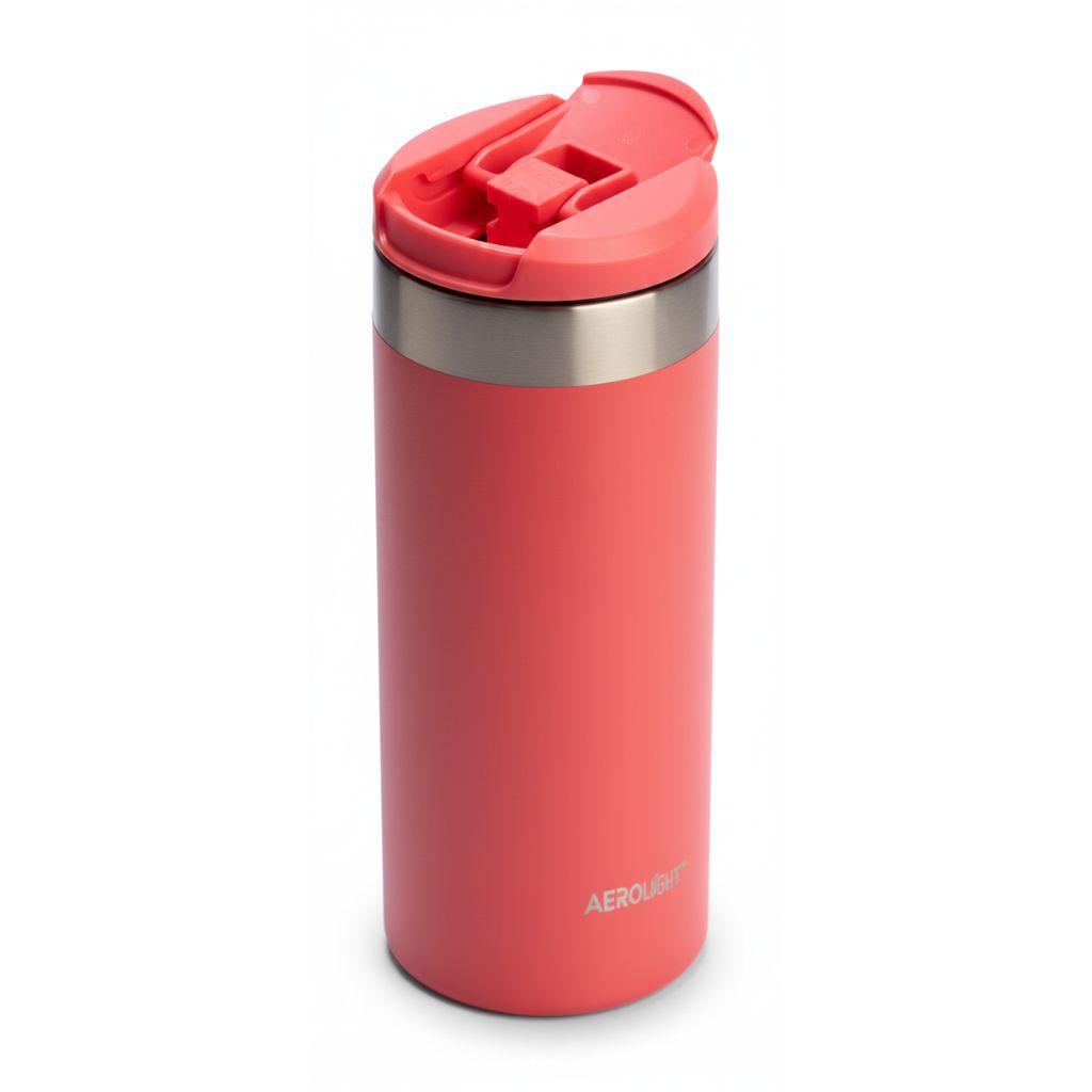 Red travel mug with a red lid on a white background