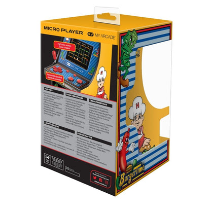 Box packaging of a Micro Player arcade machine with cartoon characters on a white background