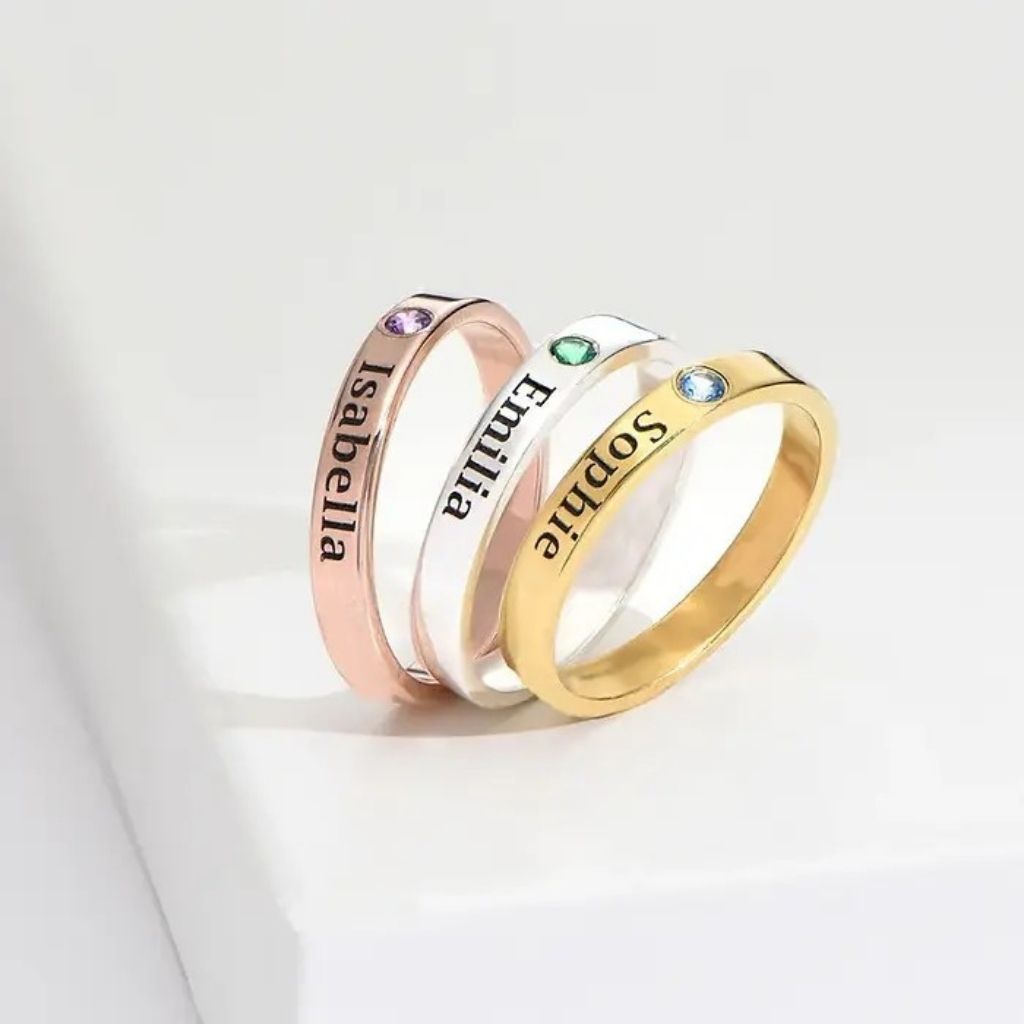 Engraved Birthstone Name Ring