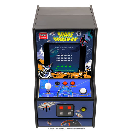 Miniature Space Invaders arcade machine on a white background