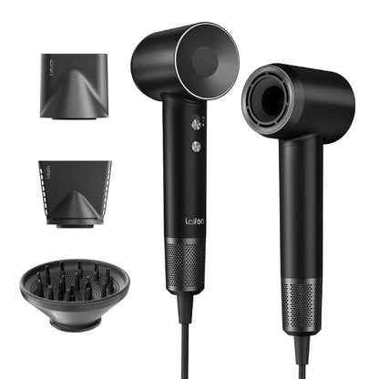 Black hair dryer with multiple attachments on a white background
