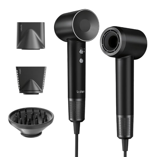 Black hair dryer with multiple attachments on a white background