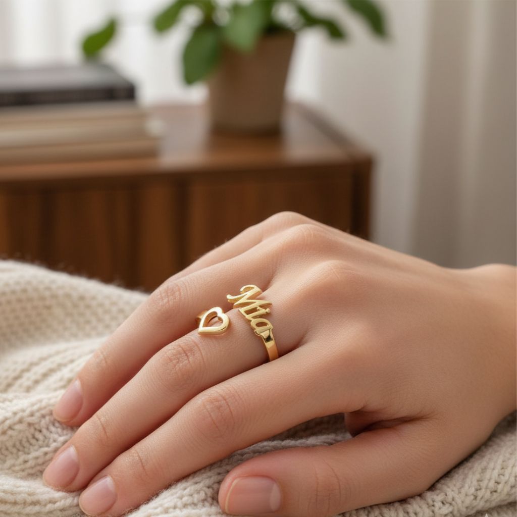 Gold ring with 'Ally' on a hand against a blurred indoor background