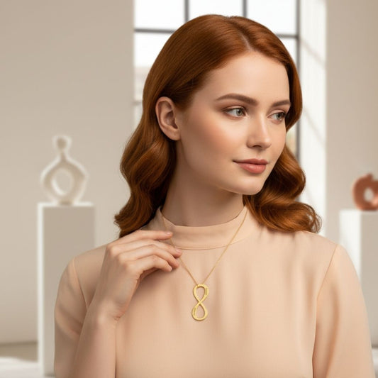 Woman wearing a gold necklace with an infinity symbol in a softly lit room.