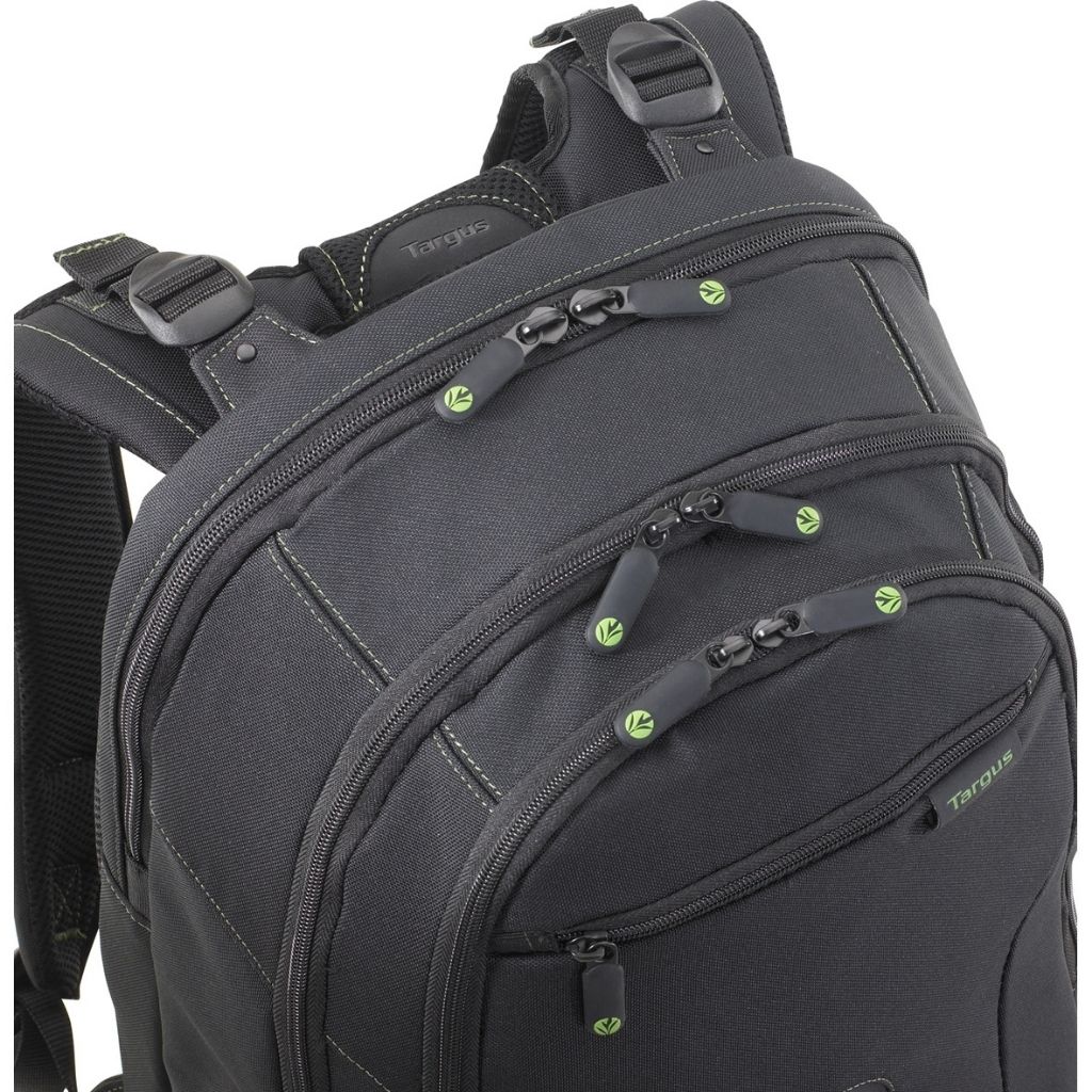 Black backpack with green zippers on a white background