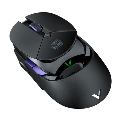 Black gaming mouse with purple accents on a white background
