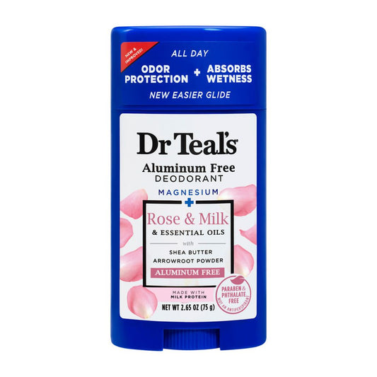 Dr Teal's Aluminum Free Deodorant stick with Rose & Milk flavor on a white background