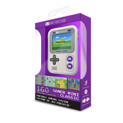 Purple packaging of a portable gaming system with a retro design on a white background
