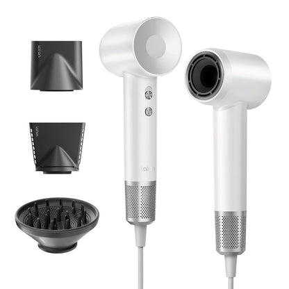White hair dryer with attachments on a white background