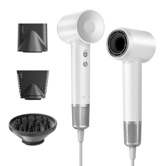 White hair dryer with attachments on a white background