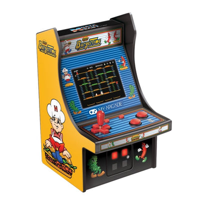 Miniature arcade machine with colorful design on a white background