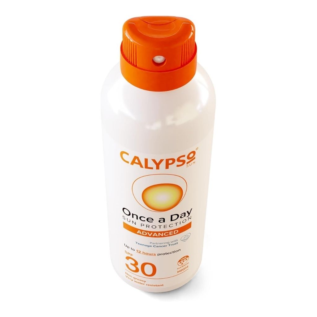 Calypso sunscreen bottle with orange cap on a white background
