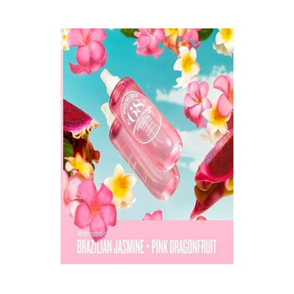 Pink bottle with floral and fruit design on a blue sky background