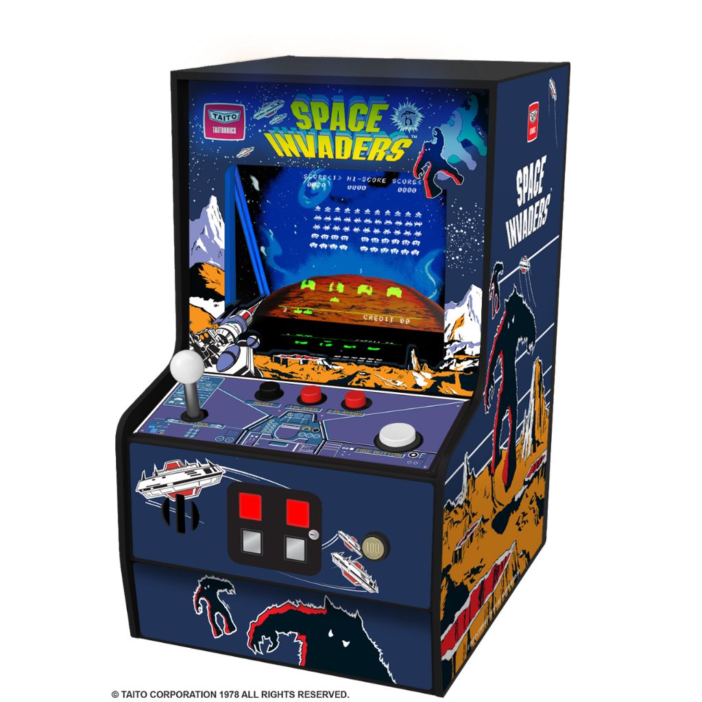 Miniature Space Invaders arcade game cabinet on a white background