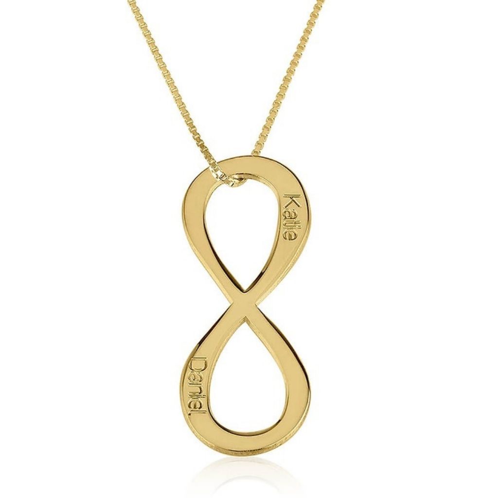 Gold infinity pendant necklace with engraved names on a white background