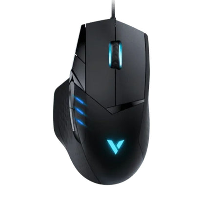 Black gaming mouse with blue lighting on a white background