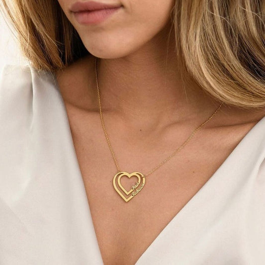 Personalized Name Double Heart Pendant Necklace