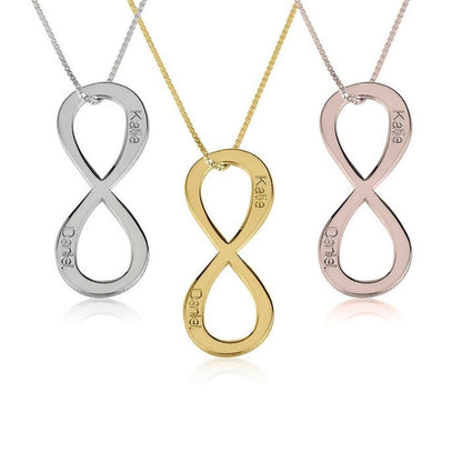 Three infinity symbol necklaces in silver, gold, and rose gold on a white background.