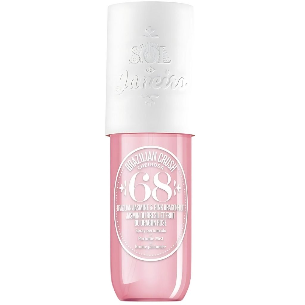 Pink and white cosmetic bottle with branding on a white background