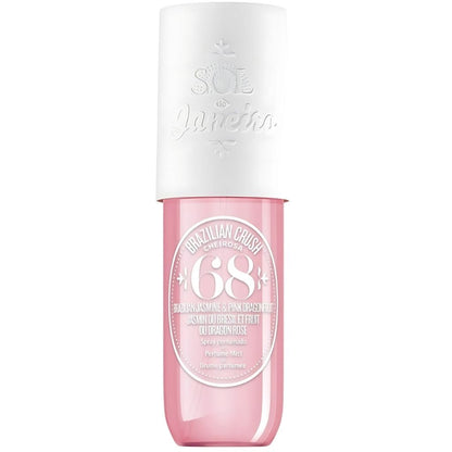 Pink and white cosmetic bottle with branding on a white background