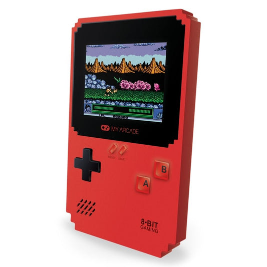 Red handheld gaming console with a classic game displayed on the screen.
