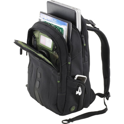 Black backpack with compartments for electronic devices on a white background