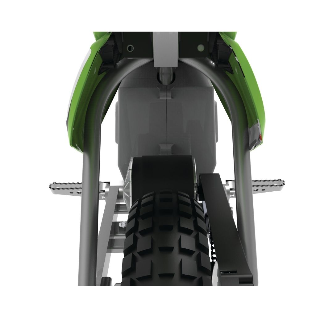 Close-up of a green and gray snowmobile with a focus on the front tire and frame.