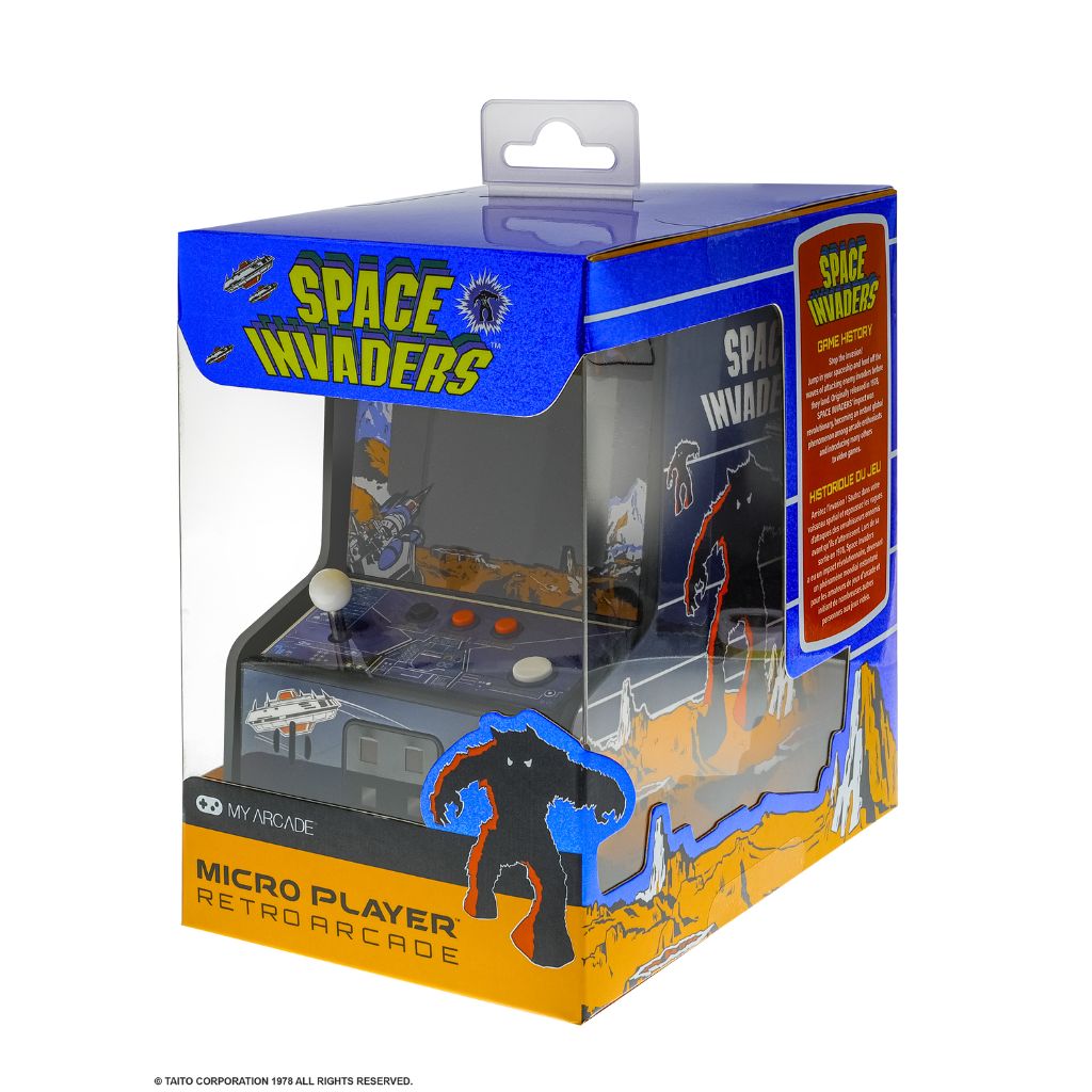 Space Invaders micro player retro arcade machine packaging on a white background