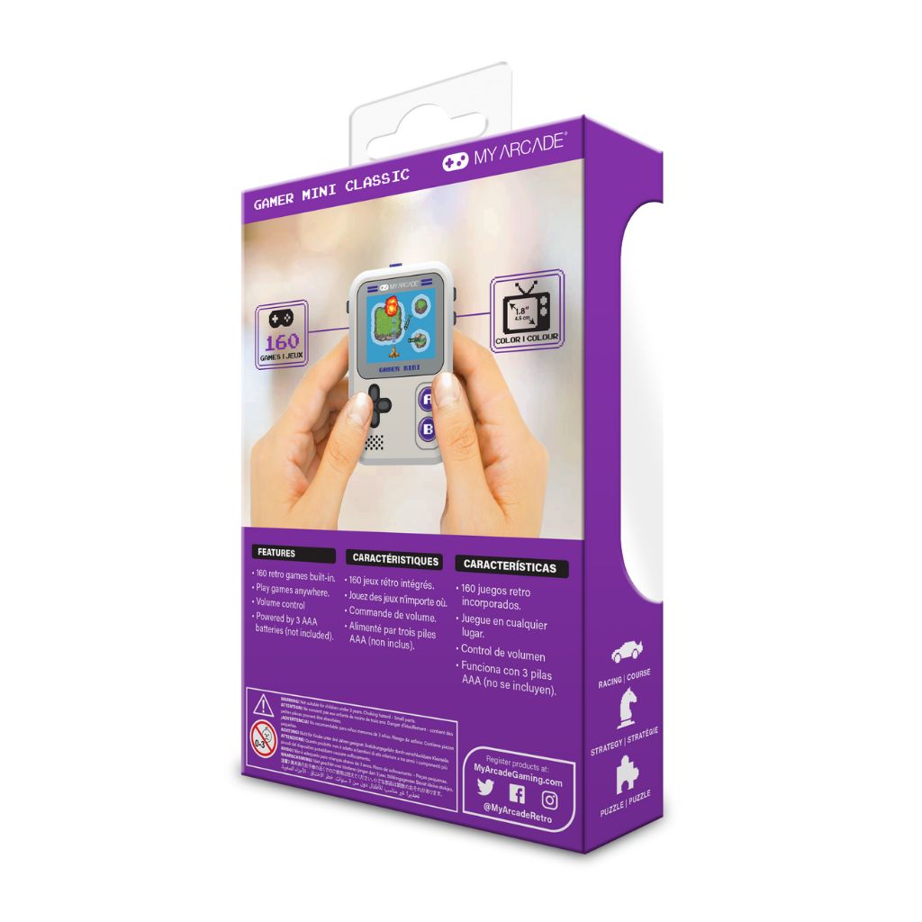 Purple packaging of a handheld gaming device with a hand holding it, featuring the brand 'My Arcade'.