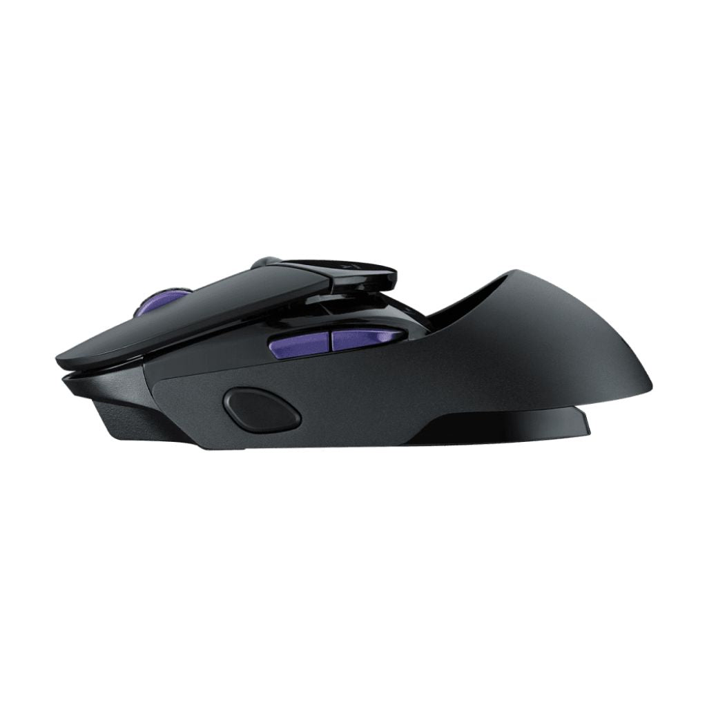 Black gaming mouse with purple accents on a white background