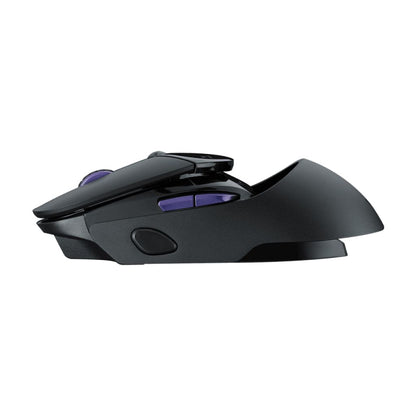 Black gaming mouse with purple accents on a white background