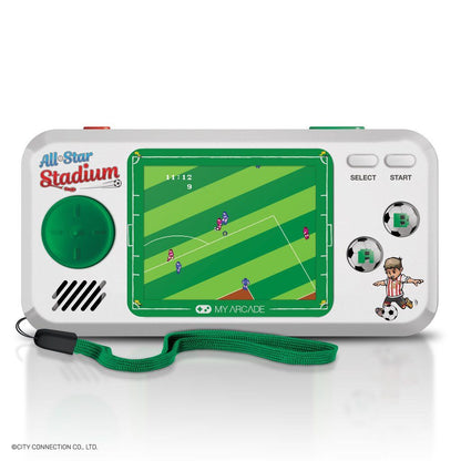 Handheld gaming console with soccer game displayed on screen, brand 'All-Star Stadium' visible.