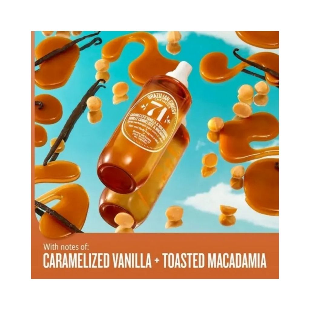 Bottle of vanilla extract with caramelized vanilla and toasted macadamia notes on a colorful background