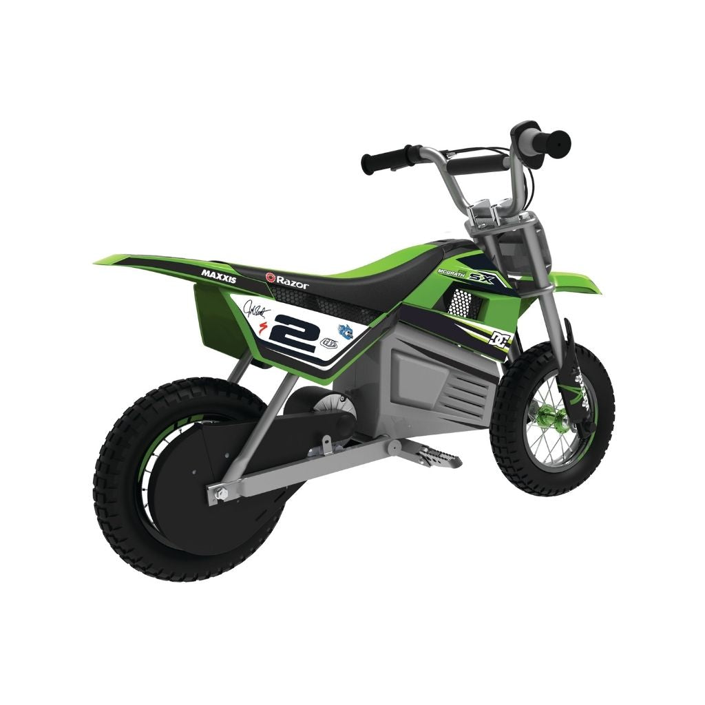 Green and gray toy dirt bike on a white background