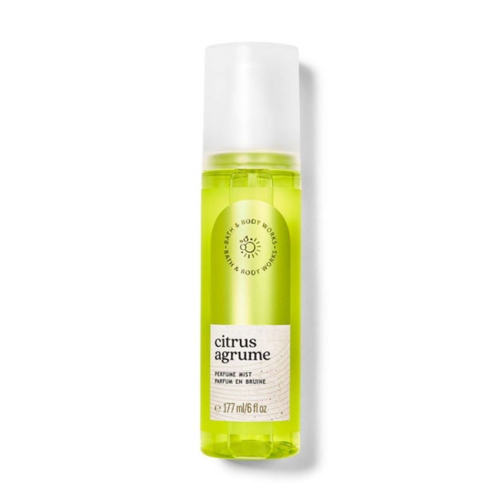 Perfume mist bottle labeled 'citrus agrume' on a white background