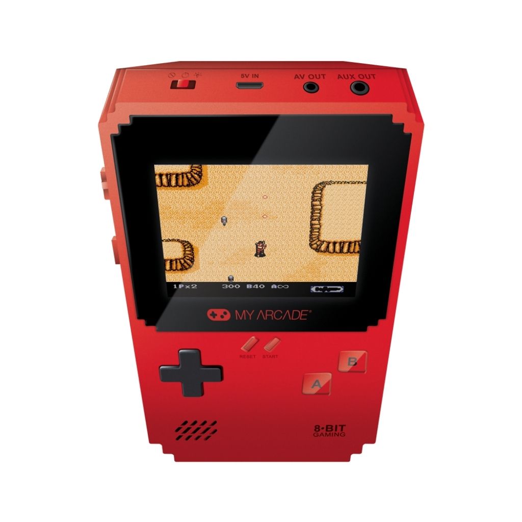 Red handheld gaming console with screen displaying a classic game, branded 'My Arcade'.
