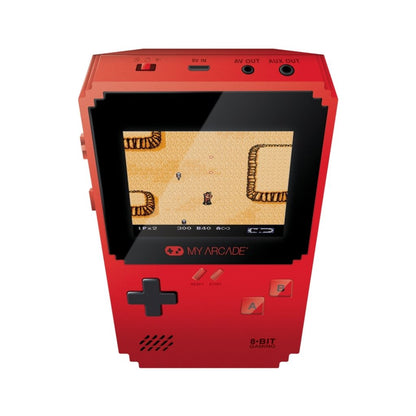 Red handheld gaming console with screen displaying a classic game, branded 'My Arcade'.