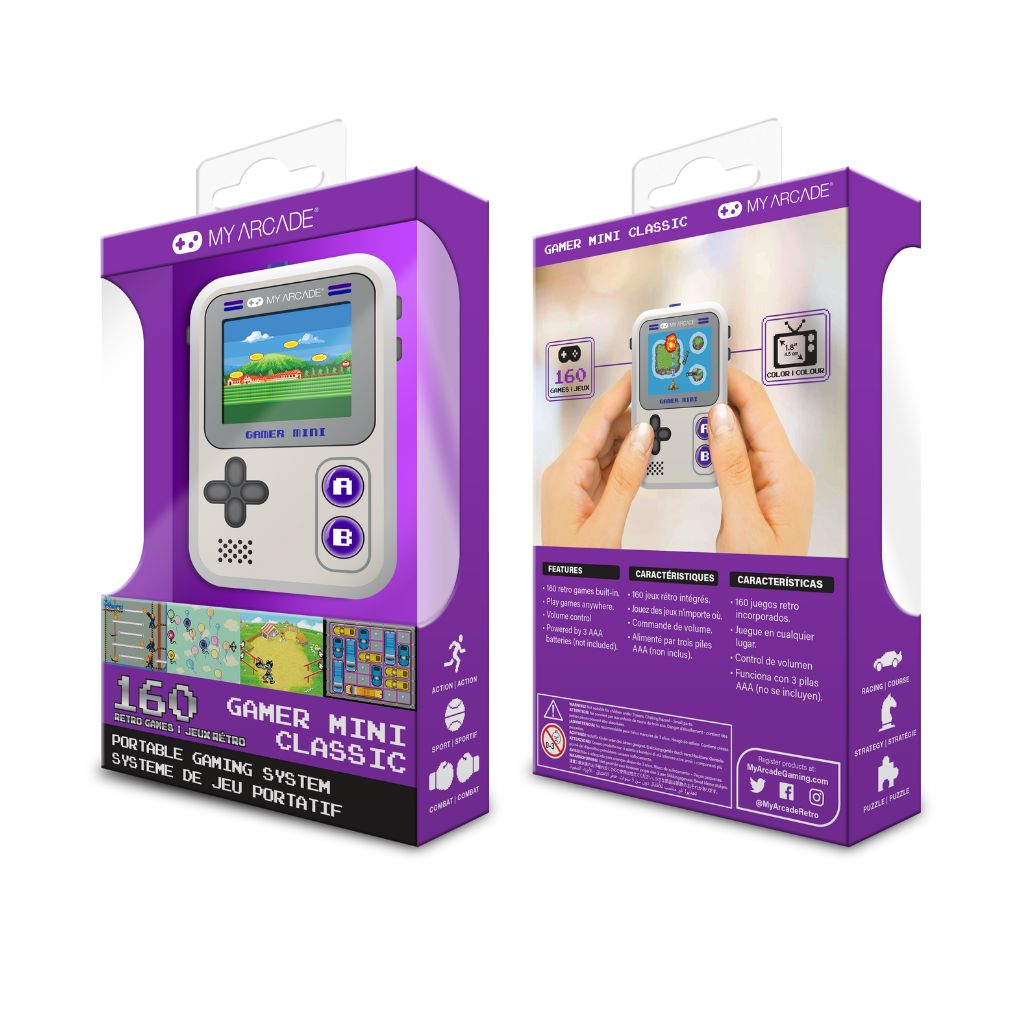 Purple packaging of a portable gaming system with a hand holding it, featuring 'My Arcade' branding.