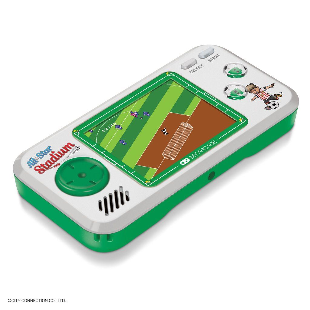 Handheld electronic game with a baseball field design on a white background