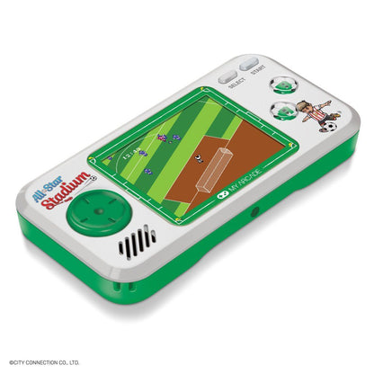 Handheld electronic game with a baseball field design on a white background